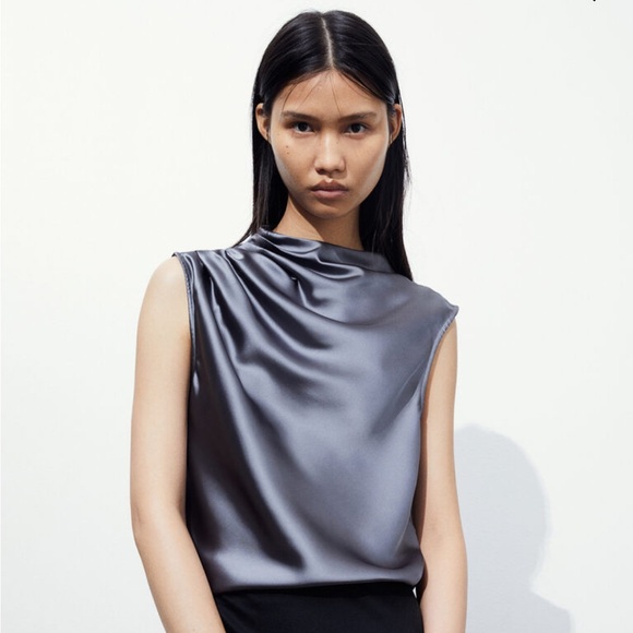 H&M Tops - H&M Draped Satin Charcoal Sleeveless Top